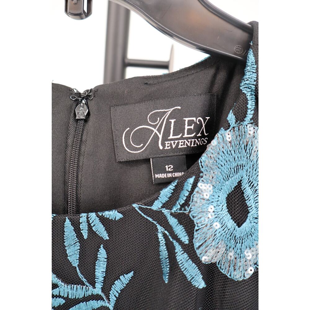 NEW Alex Evenings Midi Dress Teal Black Sequin Floral Tulle Embroidered 14 - Picture 4 of 5